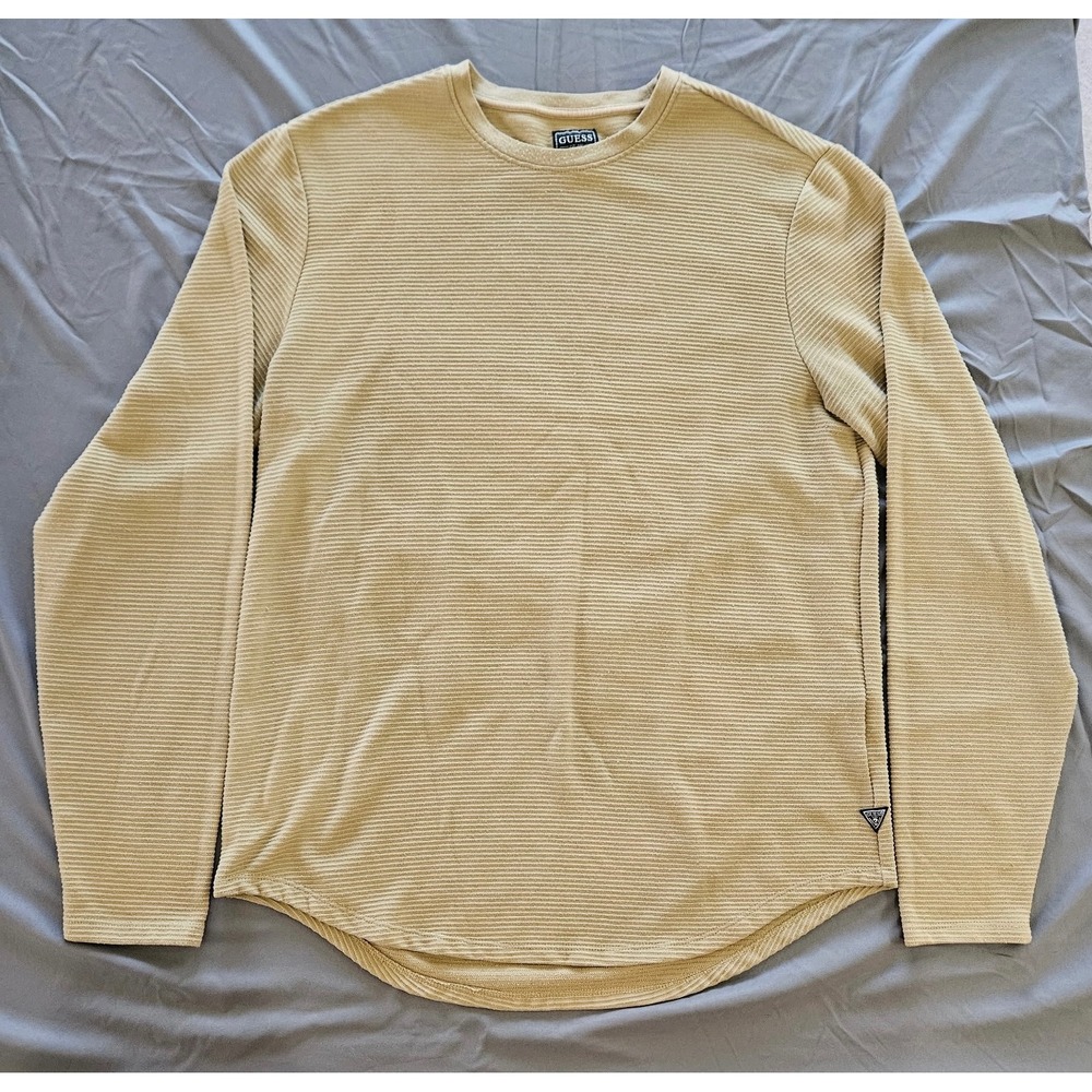Guess Long Sleeve Shirt Mens Large Tan Ribbed Curved Hem M93P85R96F0